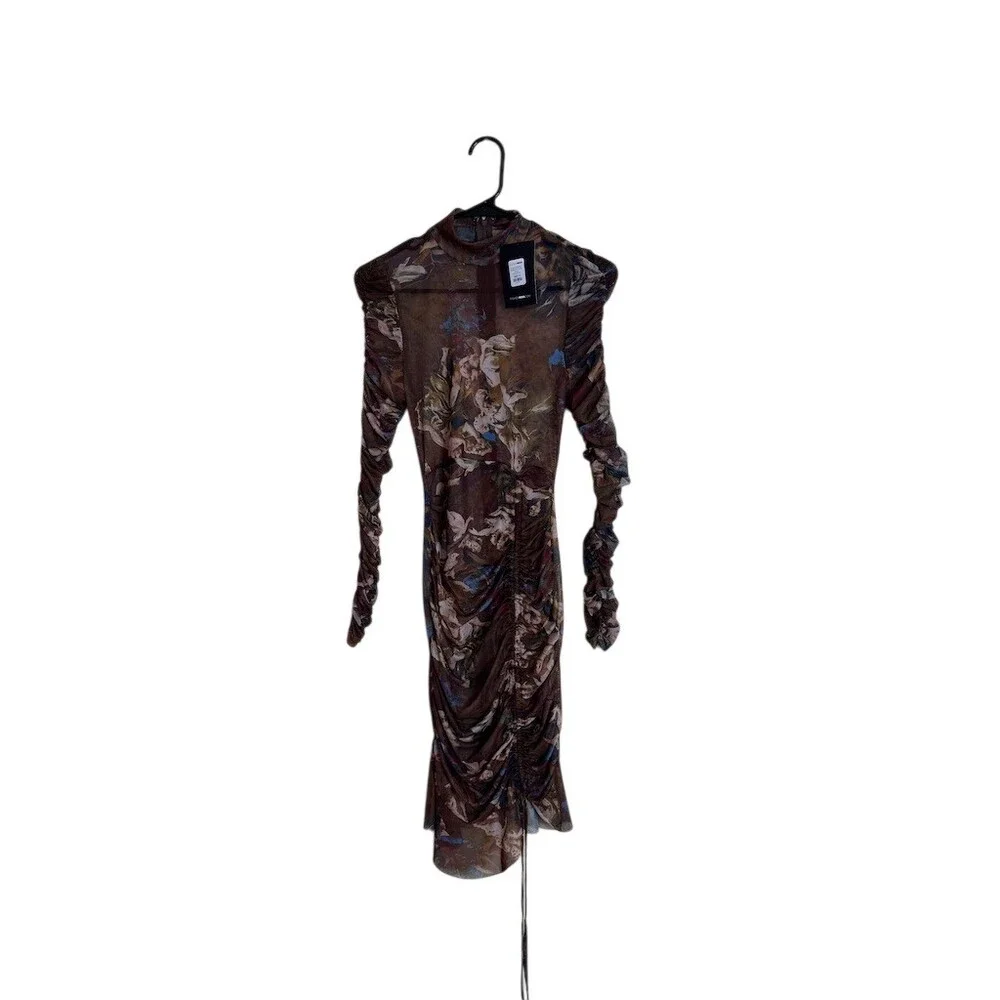 Fashion Nova Midi Dress Womens Small Brown Floral Ruched Mesh Long Sleeve - Picture 4 of 7